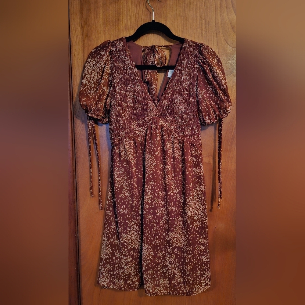 Sienna Sky Floral Smocked Puff-Sleeve Dress | Boho Brown Cream Midi